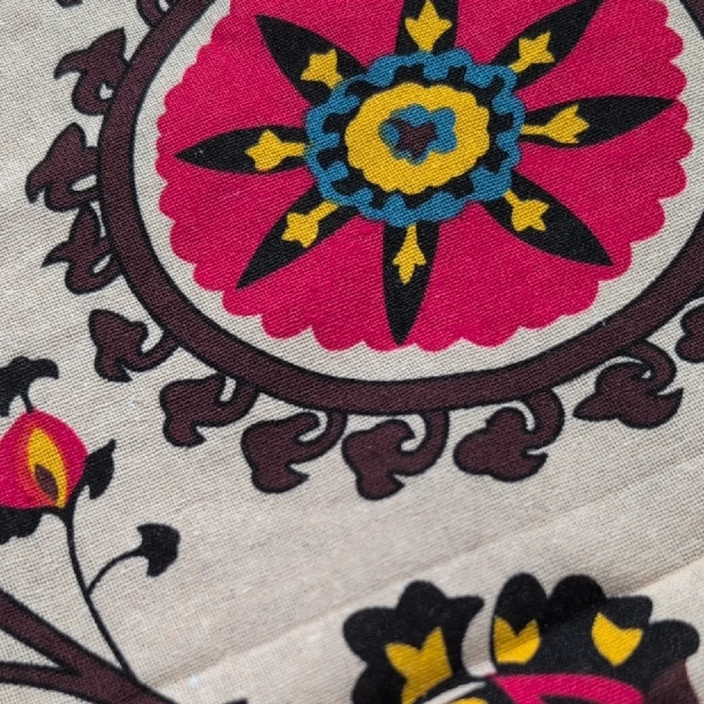 Floral Medallion Lace-Edge Tablecloth in Tan, Red, Blue, & Yellow